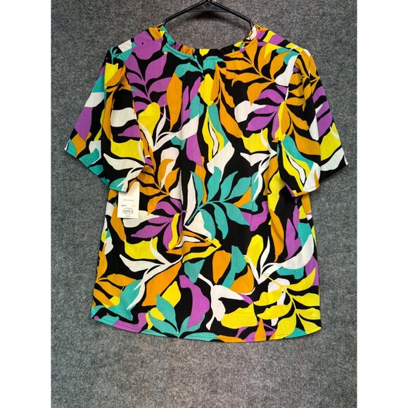 Nine West Top Women’s M Multicolor Abstract Leaf Print Short Sleeve Tie Neck Top - Picture 11 of 12